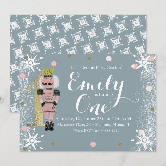 Invitation Foil de premier anniversaire Casse-Noisette Flocon (Devant / Derrière)