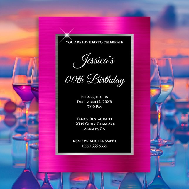 Invitation Foil rose chaud argent et noir anniversaire (Hot pink silver and black any year birthday invitation.)