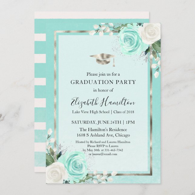 Invitation Foil Silver & Turquoise Moderne Floral Graduation  (Devant / Derrière)