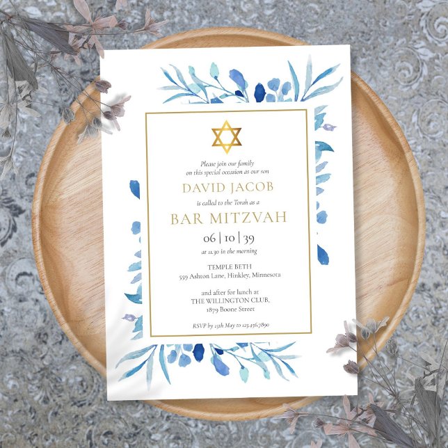 Invitation Foliage Aquarelle Bleue Bar Mitzvah Bat Mitzvah (Blue Watercolor Foliage Bar Mitzvah Bat Mitzvah Invitation)