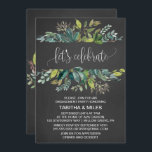 Invitation Foliage Chalkboard Favorise la fête d'engagement<br><div class="desc">Cette carte d'invitation à la fête de fiançailles "fêtons notre fête" en tableau noir est parfaite pour un événement rustique. Le design est composé d'un cadre de feuilles verts et de plantes botaniques verdoyantes sur un arrière - plan en damier gris fusain. Le support est assorti d'une couronne vintage avec...</div>