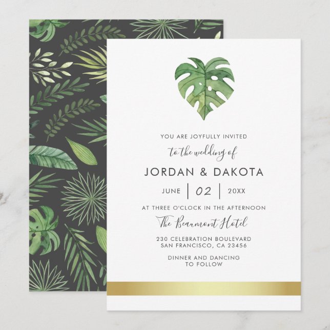 Invitation Foliage d'aquarelle tropicale | Mariage Or moderne (Devant / Derrière)