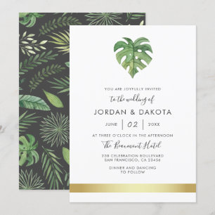 Invitation Foliage d'aquarelle tropicale   Mariage Or moderne