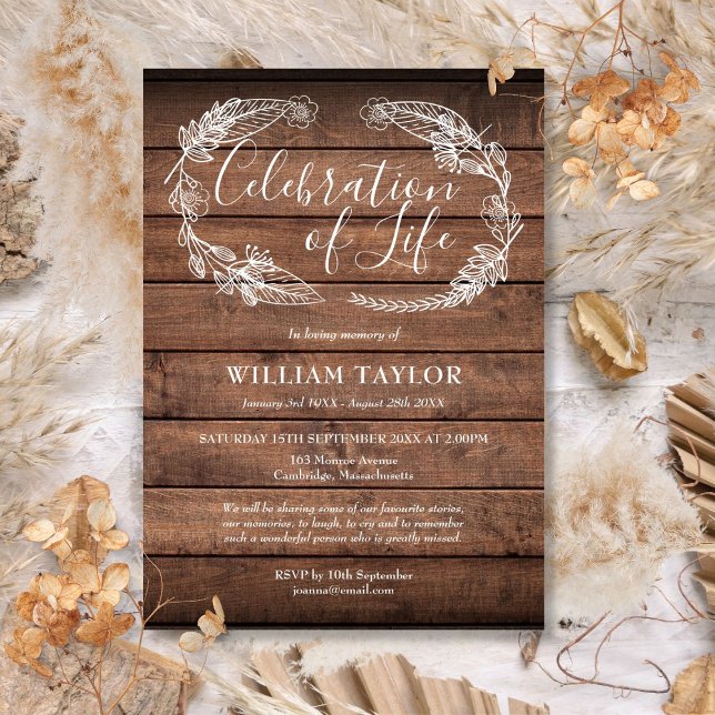 Invitation Foliage de bois rustique Célébration des funéraill (Rustic Wood Foliage Celebration of Life Funeral Invitation)