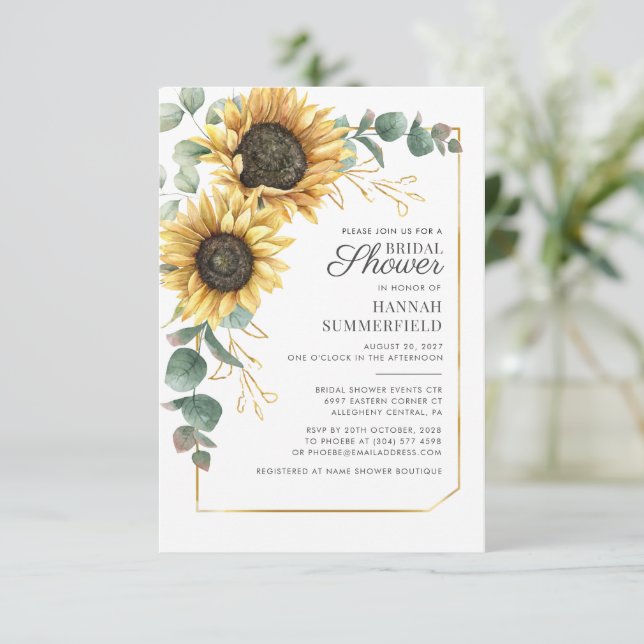 Invitation Foliage de tournesol d'eucalyptus Script Shower de (Debout devant)