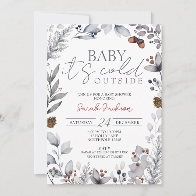 Invitation Foliage d'hiver, Baby shower, Il fait froid dehors (Devant)