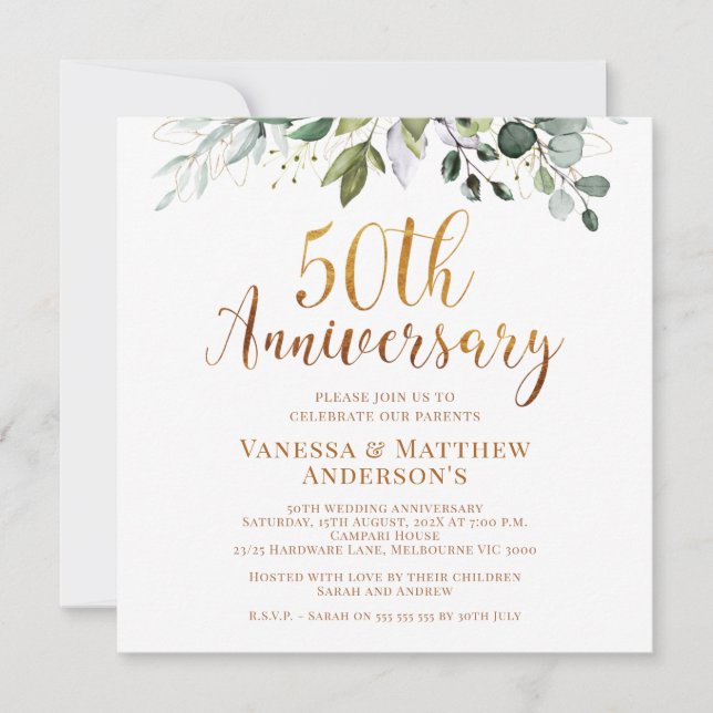 Invitation Foliage Faux Or Calligraphie 50e Anniversaire (Devant)