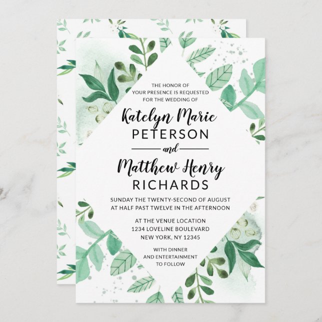 Invitation Foliage frais Botanique Aquarelle Diamant Mariage (Devant / Derrière)