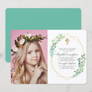 Invitation Foliage géométrique Cross Photo Communion Invitati