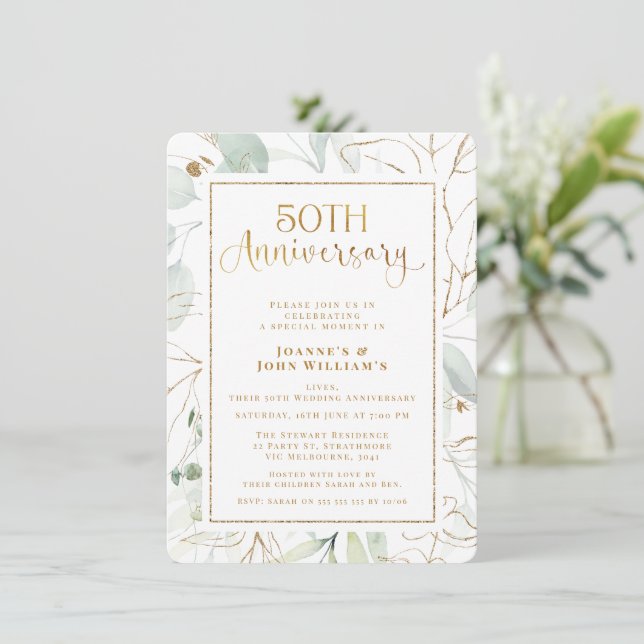 Invitation Foliage Gold Script 50e anniversaire de Mariage (Debout devant)