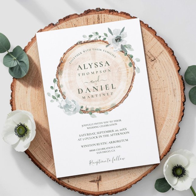 Invitation Foliage rustique Aquarelle mariage botanique (Rustic wedding woodland foliage,  wood cut slice with greenery botanical eucalyptus and flowers )