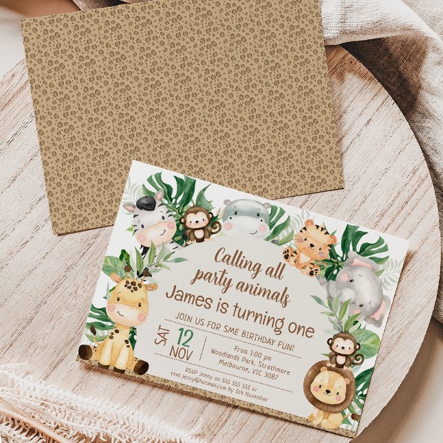 Invitation Foliage Safari Arch Party Animaux 1er anniversaire (Sweet safari themed 1st birthday invitation featuring eight cute safari animals, foliage and arch.)