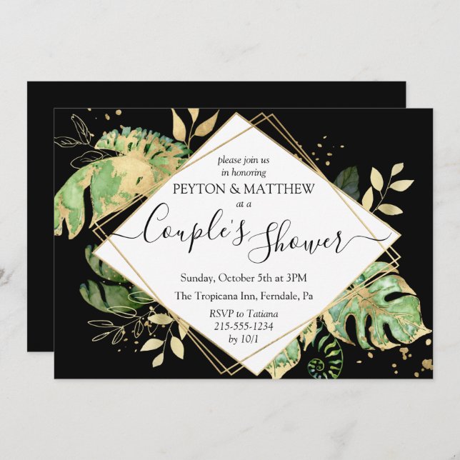 Invitation Foliage Tropical Black & Gold Couple's Shower (Devant / Derrière)