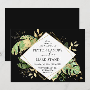 Invitation Foliage Tropical Noir & Or Mariage géométrique