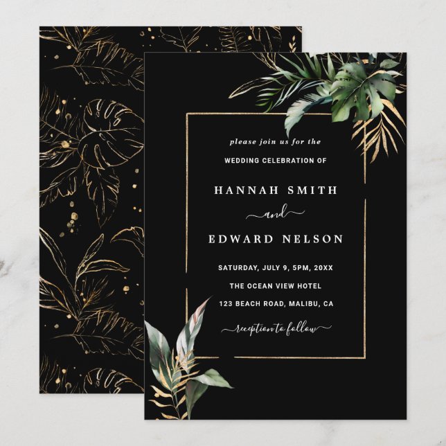 Invitation Foliage tropical sauvage Aquarelle Mariage Noir (Devant / Derrière)