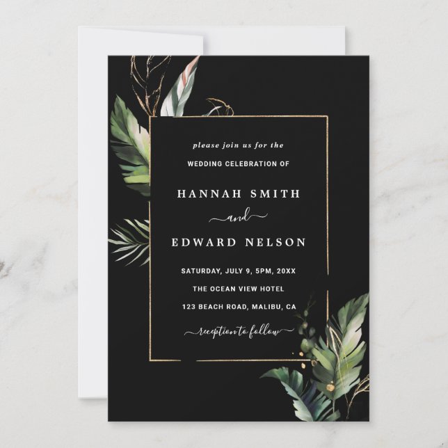 Invitation Foliage tropical sauvage Mariage noir (Devant)