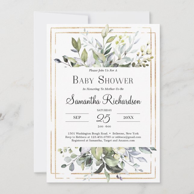 Invitation Foliage vert et GOold Geometry Boho Baby (Devant)
