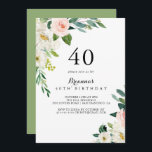 Invitation Foliage vert floral simple Foliage 40e fête d'anni<br><div class="desc">Cette simple invitation à la fête du 40e anniversaire de feuillage vert floral est parfaite pour une fête d'anniversaire moderne. Le design présente de beaux roses blancs,  roses et blush peints à la main et incrustés dans un feuillage vert,  une beauté artistique inspirante.</div>