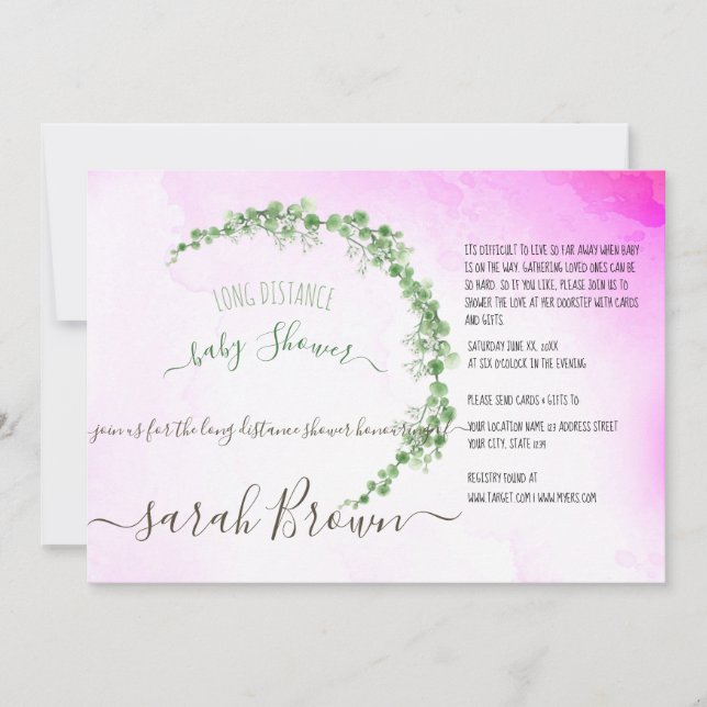 INVITATION FOLIAGE VERT & ROSE BABY SHOWER LONG DISTANCE (Devant)