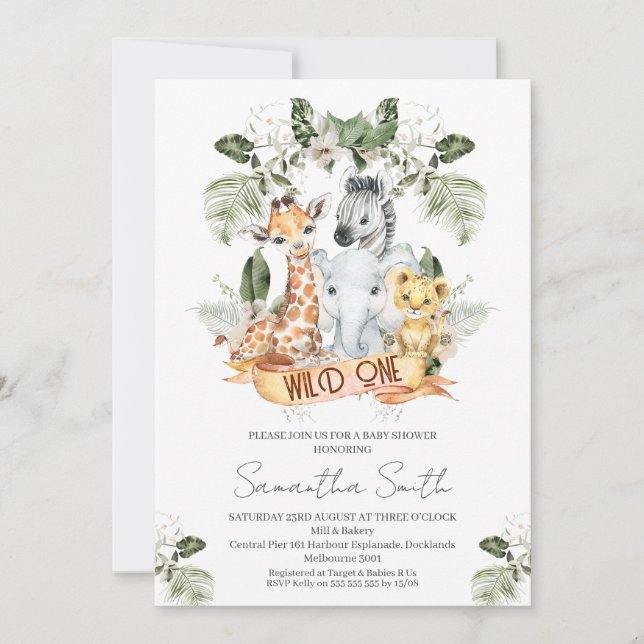 Invitation Foliage vert Safari Wild Un Baby shower (Devant)