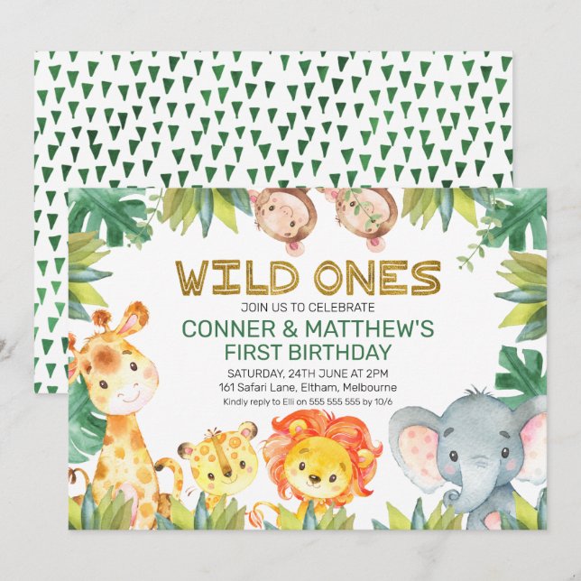 Invitation Foliage Wild One Twin Boys Safari Animaux Annivers (Devant / Derrière)