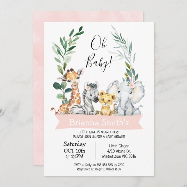 Invitation Foliage Wreath Girls Safari Animaux Baby shower (Devant / Derrière)