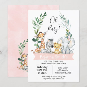 Invitation Foliage Wreath Girls Safari Animaux Baby shower