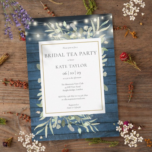 Invitation Folift Blue Rustic String éclaire la fête du thé n (Foliage Blue Rustic String Lights Bridal Tea Party Invitation)