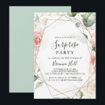Invitation Folio vert géométrique Gold Folial Surprise Party<br><div class="desc">Cette invitation à la fête à la surprise fleurie de feuillage vert or géométrique est parfaite pour un anniversaire moderne, la retraite ou toute fête surprise. Le design se compose d'un feuillage botanique vert et or peint à la main, avec des fleurs roses, rousses et blanches, qui ornent un cadre...</div>