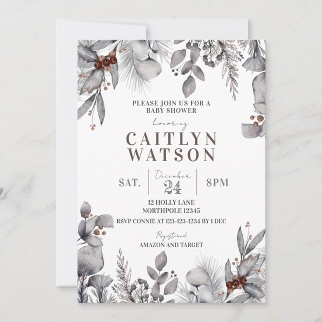 Invitation Foliole d'hiver, Baby shower des baies (Devant)