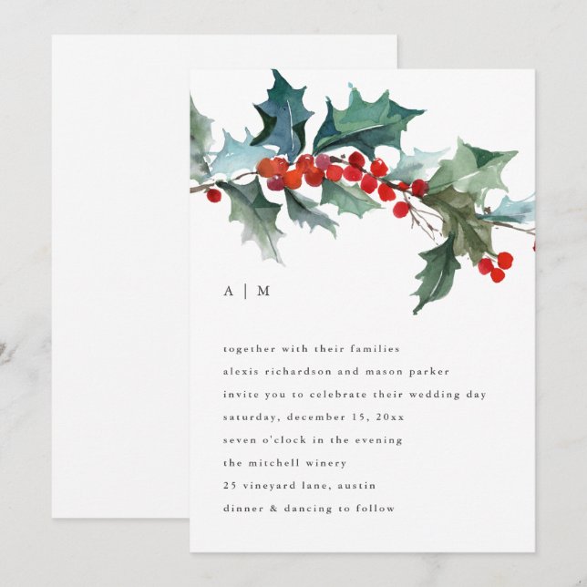 Invitation Folithe de Noël et baies | Mariage de vacances (Devant / Derrière)