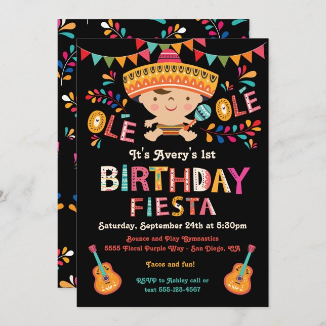 Invitation Folk Art Mexicain fête d'anniversaire (Devant / Derrière)