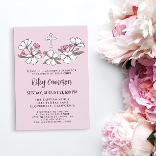 Invitation Folksy Fleurs Roses Blanches Fille Baptême