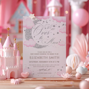 Invitation Folle de Lune Rose Argent Baby Shower