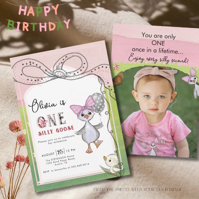 Invitation Folle Oie 1er Anniversaire Nœud Rose Photo (Silly Goose 1st Birthday Pink Bow Photo Invitation)