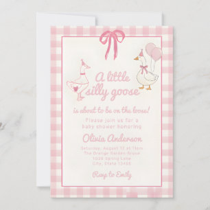 Invitation Folle oie dessinée ruban Gingham rose Baby Shower