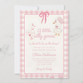 Invitation Folle oie dessinée ruban Gingham rose Baby Shower