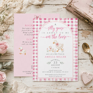 Invitation Folle oie en liberté Baby Shower rose à carreaux