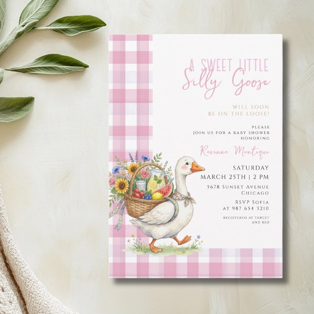 Invitation Folle Oie Fête de Naissance Fleur Vichy Rose Bébé (Créateur téléchargé)