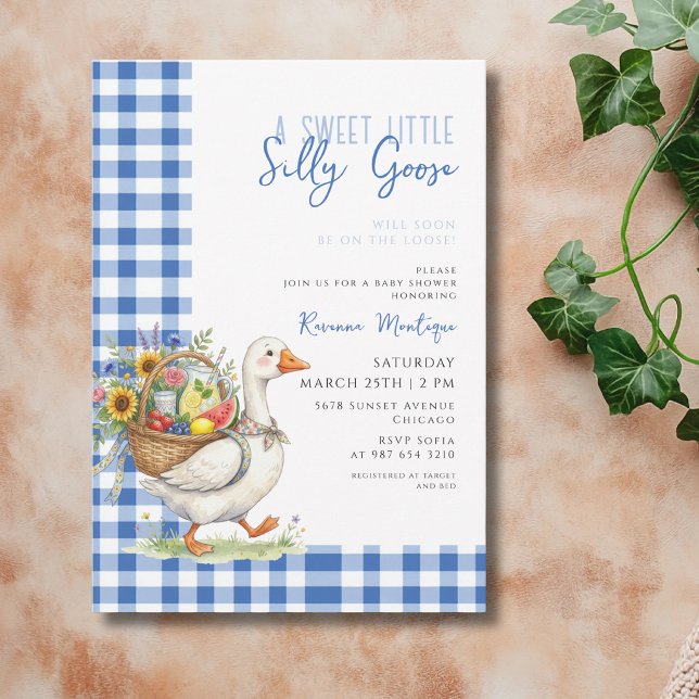 Invitation Folle Oie Gingham Bleu Fleur Baby Shower (Créateur téléchargé)