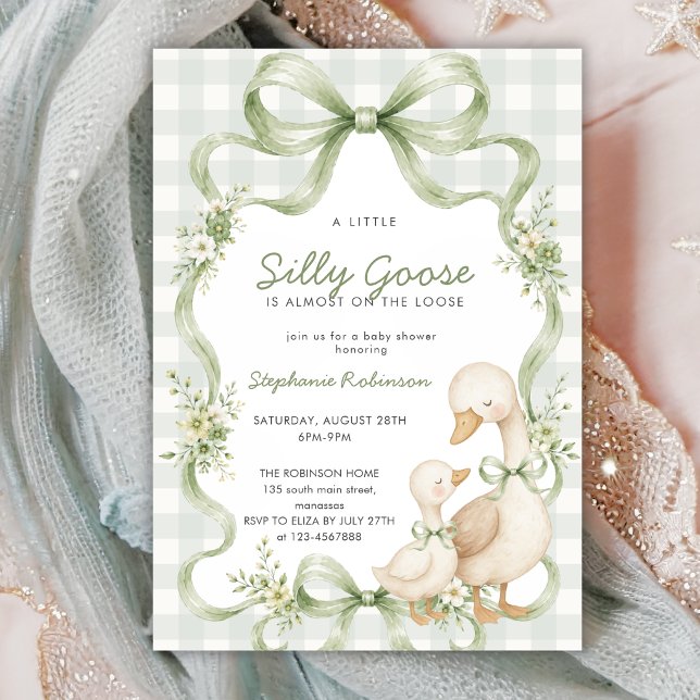 Invitation Folle Oie Sage Ruban Gingham Baptême de Bébé Coque (Créateur téléchargé)