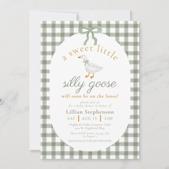 Invitation Folle Oie Vert Gingham Arc Neutre Baby Shower (Devant)