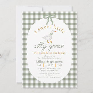 Invitation Folle Oie Vert Gingham Arc Neutre Baby Shower
