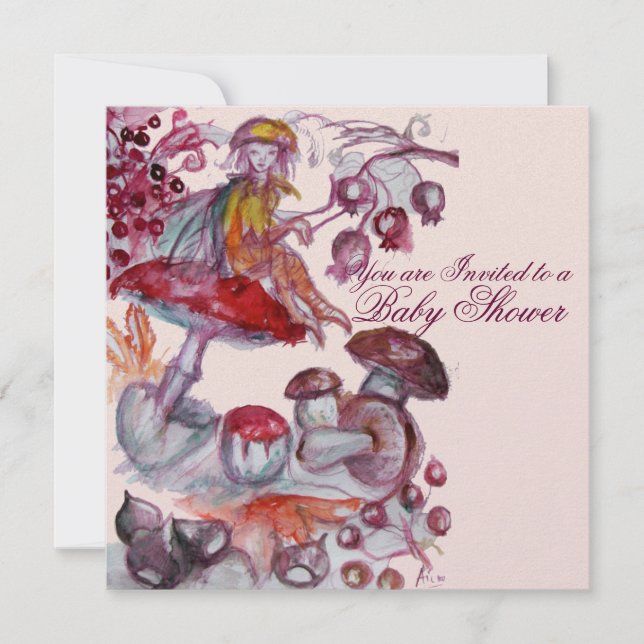 INVITATION FOLLET MAGIQUE DE CHAMPIGNONS ROSE BABY SHOWER FIL (Devant)
