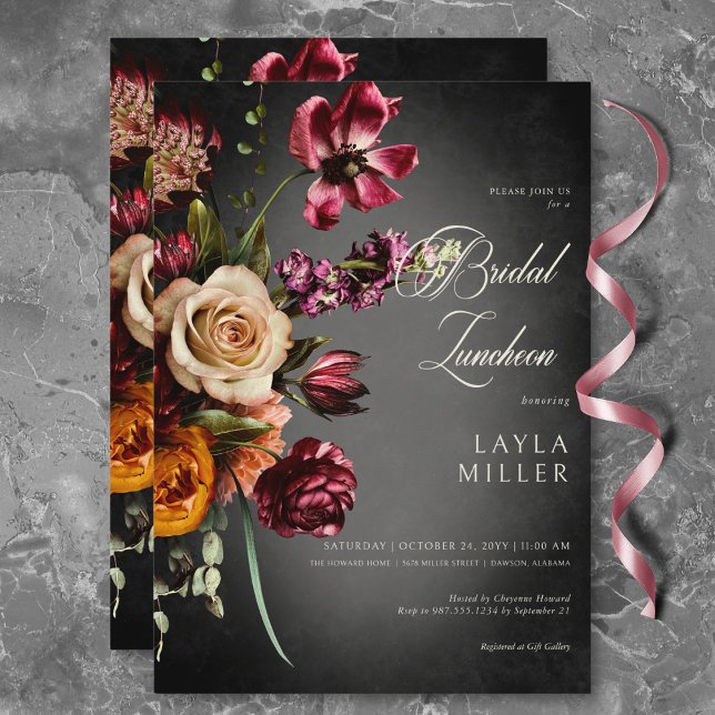 Invitation Foncé Elégant Blur Automne Floral Bridal Luncheon (Dark Elegant Blur Autumn Floral Bridal Luncheon Invitation)