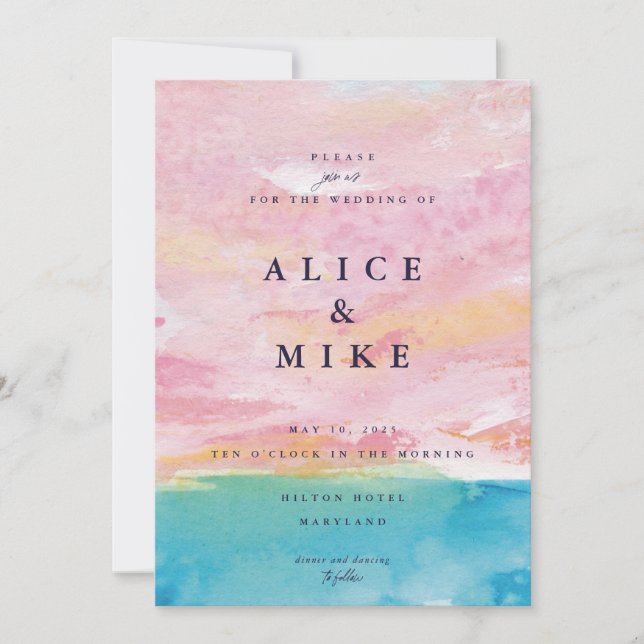 Invitation Fond abstrait de plage Aquarelle Eau rose et bleue (Devant)