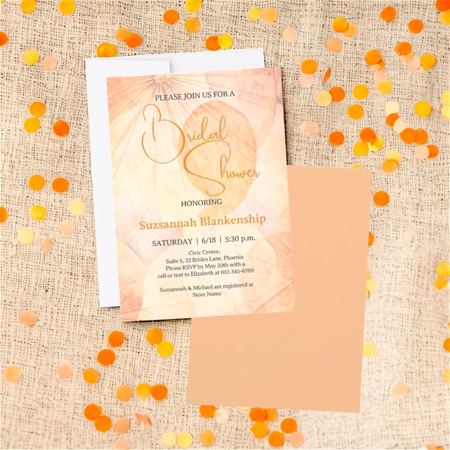 Invitation Fond Abstrait Orange Pastel Fête de Mariage  (front and back view of bridal shower invitation design)