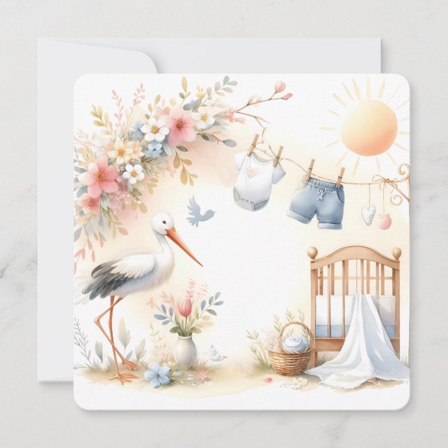 Invitation Fond bébé pastel doux avec cigogne et vêtements de (Devant)