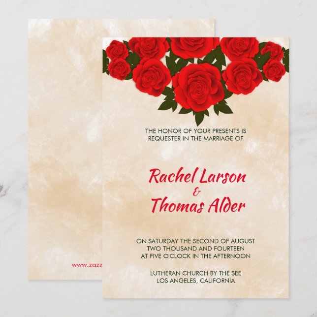 Invitation Fond beige et roses rouges pour mariage (Devant / Derrière)