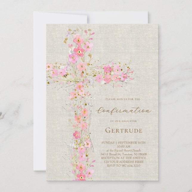 Invitation fond beige fleurs roses croix Confirmation (Devant)